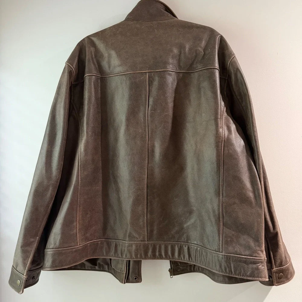 Roundtree & Yorke Leather Jacket Mens XXL Brown Good Mock Neck Zip Up Bomber